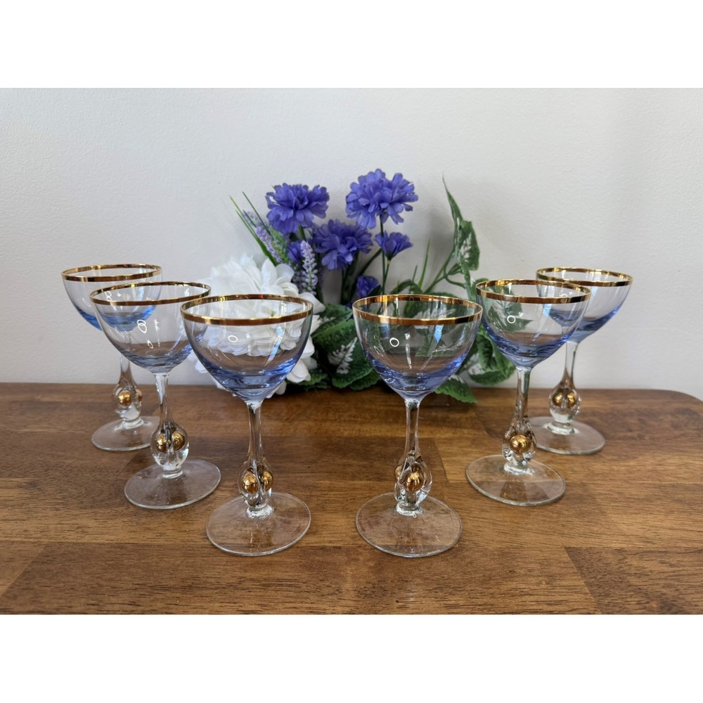 Jozef Stanik Golden Zuzana Hand-Blown Liqueur Glasses Set 6 Slovakian Art Glass‎